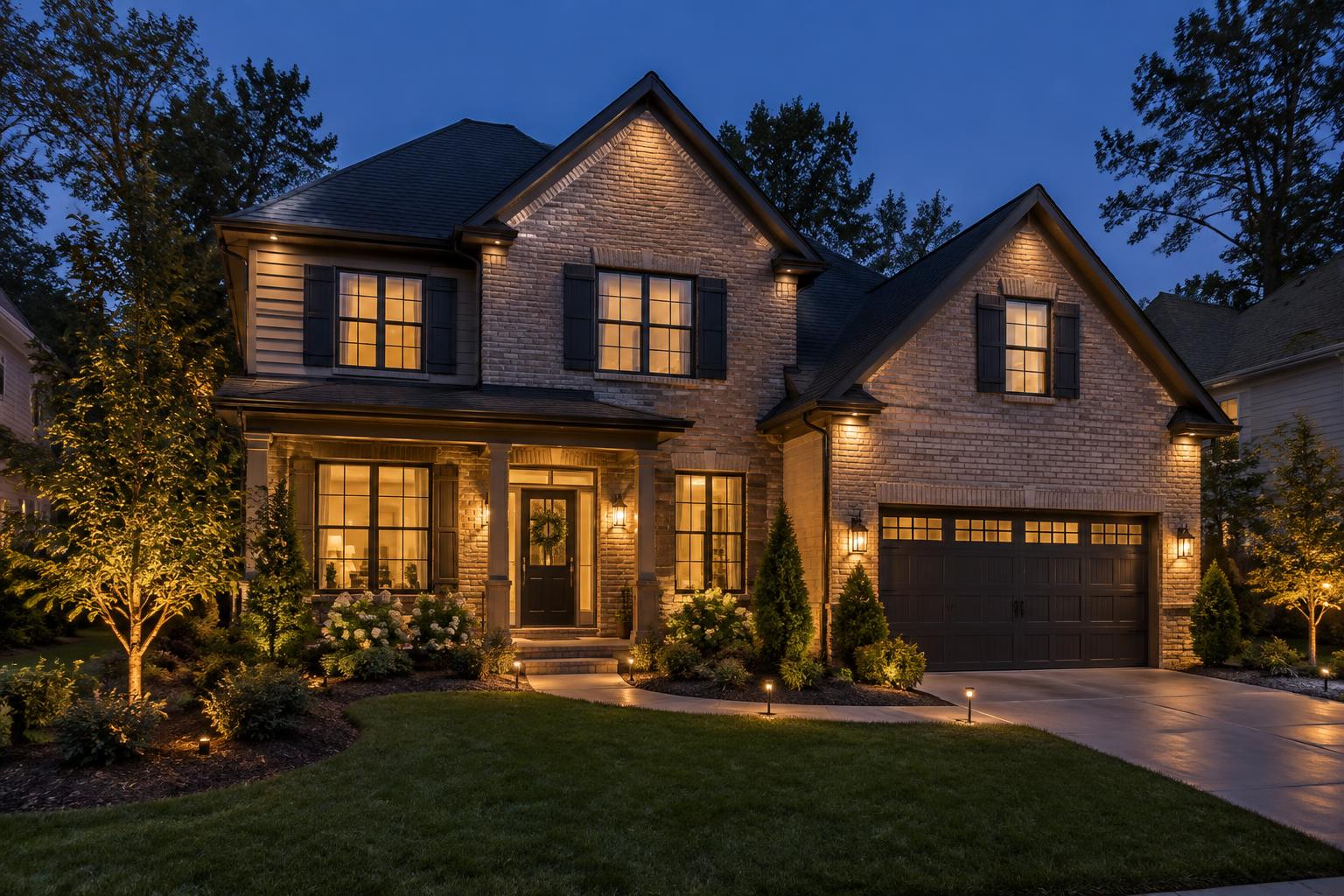 Suburban home with warm architectural and landscape lighting at dusk